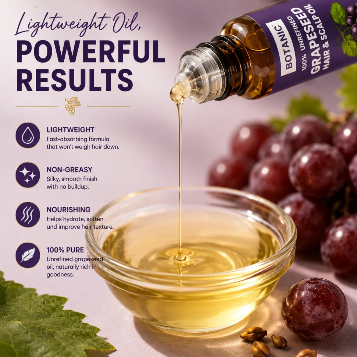 BOTANIC 100% Unrefined Grapeseed Hair &amp; Scalp Oil – Lightweight Shine &amp; Smooth Hair Oil – 4 fl oz (118 mL)