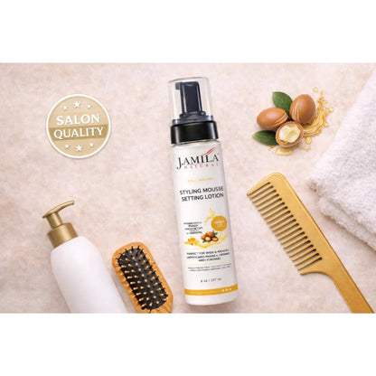 Amila Natural Styling Mousse Setting Lotion with Argan Oil – Flexible Hold, Frizz Control &amp; Shine – For Wigs, Weaves &amp; Natural Hair (8oz)