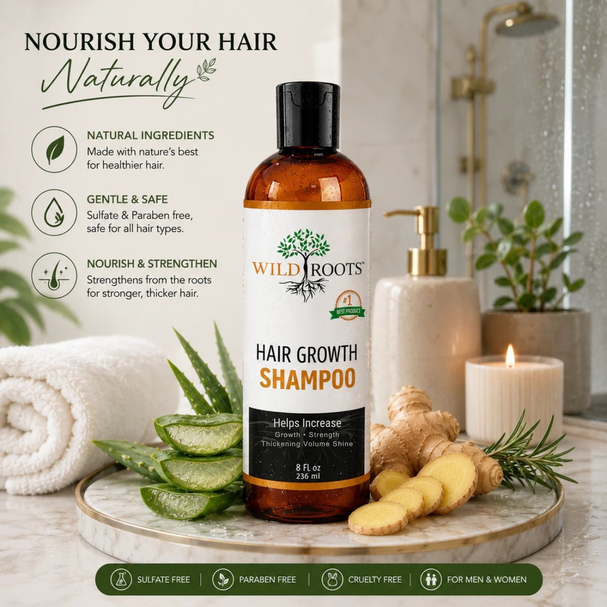 Wild Roots Hair Growth Shampoo – Strengthening &amp; Thickening Formula for Fuller, Healthier Hair (8oz)