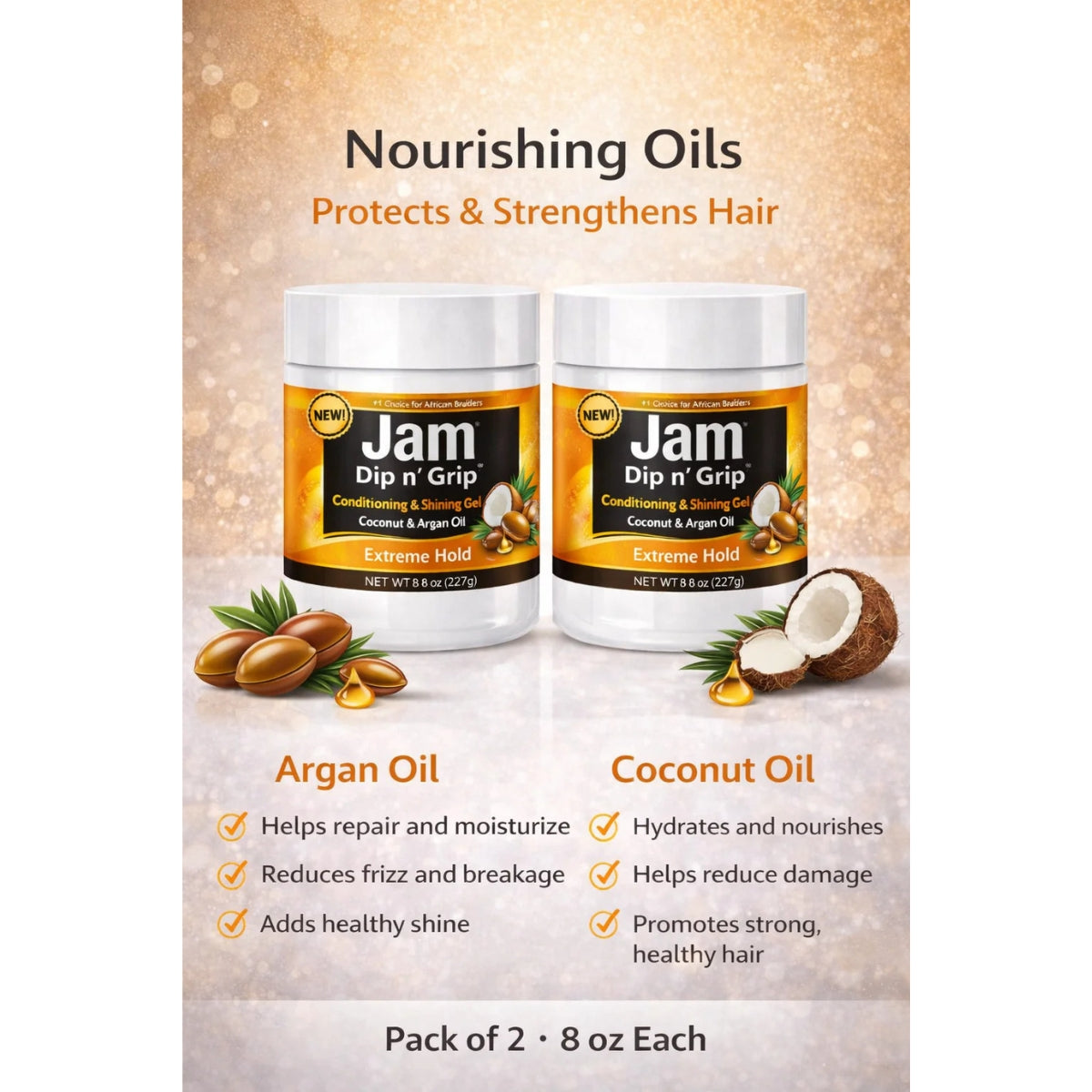 Jam Dip n’ Grip Extreme Hold Hair Gel – Conditioning &amp; Shining Gel with Coconut &amp; Argan Oil Pack of 2 8oz