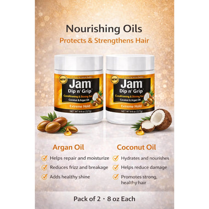 Jam Dip n’ Grip Extreme Hold Hair Gel – Conditioning &amp; Shining Gel with Coconut &amp; Argan Oil Pack of 2 8oz