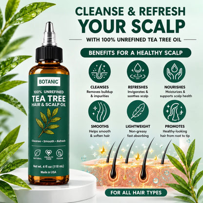 BOTANIC 100% Unrefined Tea Tree Hair &amp; Scalp Oil – Scalp Cleansing &amp; Refreshing Hair Treatment – 4 fl oz (118 mL)