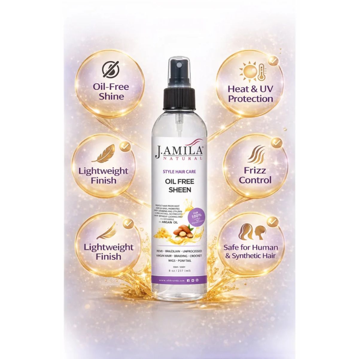 J. AMILA Natural Oil Free Sheen Spray with Vitamin E &amp; Argan Oil – Lightweight Shine, Heat &amp; UV Protection for Wigs, Braids &amp; Natural Hair 8 oz 237 ml