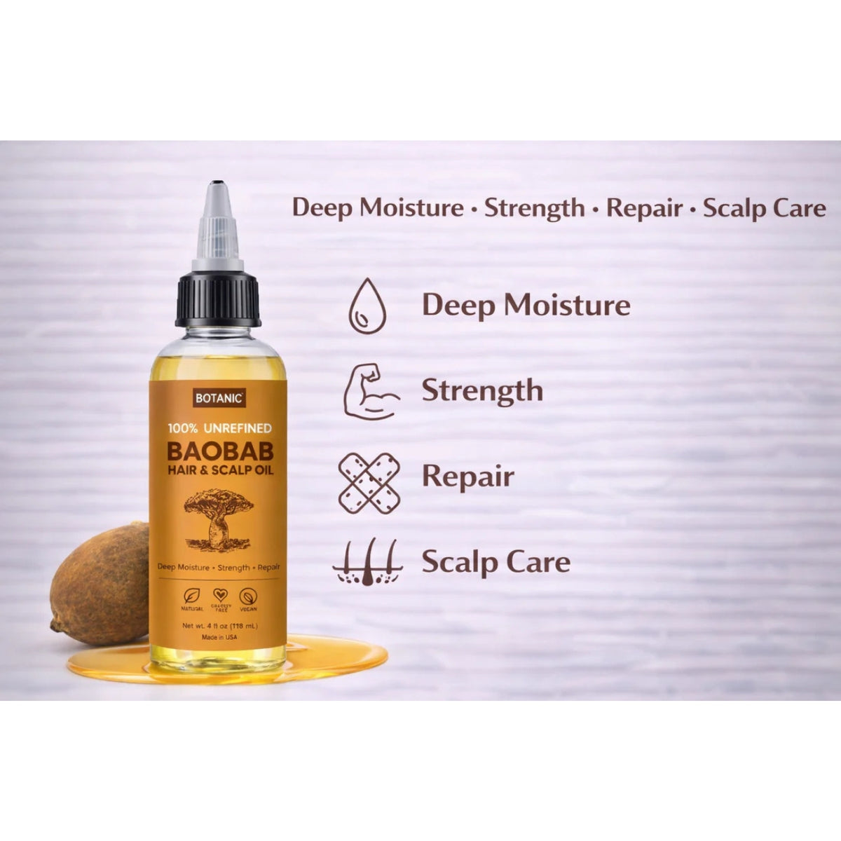100% Unrefined Baobab Hair &amp; Scalp Oil – Deep Moisture, Strength &amp; Repair | Vegan, Cruelty-Free 4 fl oz (118 mL)