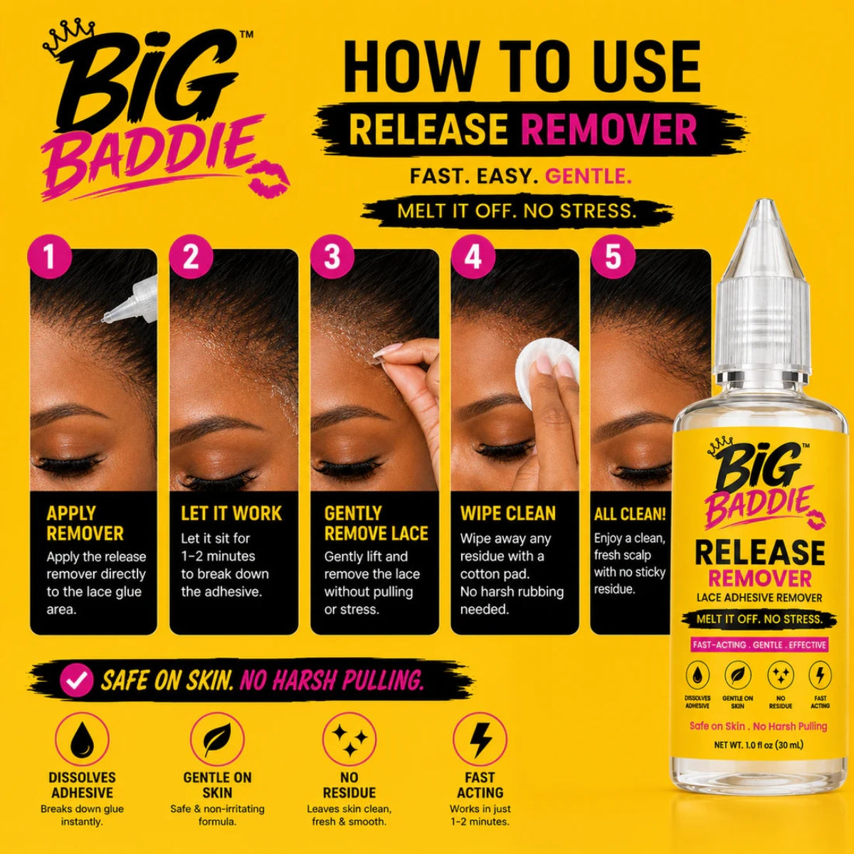 BIG BADDIE Release Remover – Fast-Acting Lace Adhesive Remover for Wigs, Gentle &amp; Residue-Free Formula (1.0oz / 30mL)