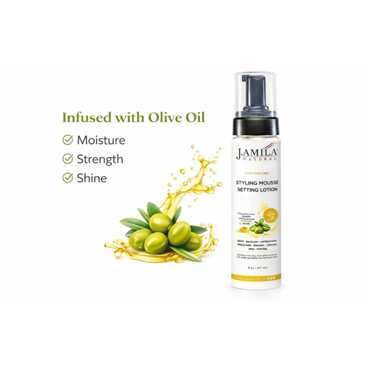 J. Amila Natural Styling Mousse Setting Lotion with Olive Oil – Flexible Hold, Frizz Control &amp; Shine – For Wigs, Weaves &amp; Natural Hair (8 oz / 237 ml)