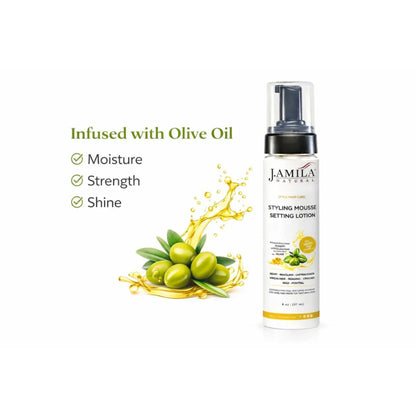 J. Amila Natural Styling Mousse Setting Lotion with Olive Oil – Flexible Hold, Frizz Control &amp; Shine – For Wigs, Weaves &amp; Natural Hair (8 oz / 237 ml)