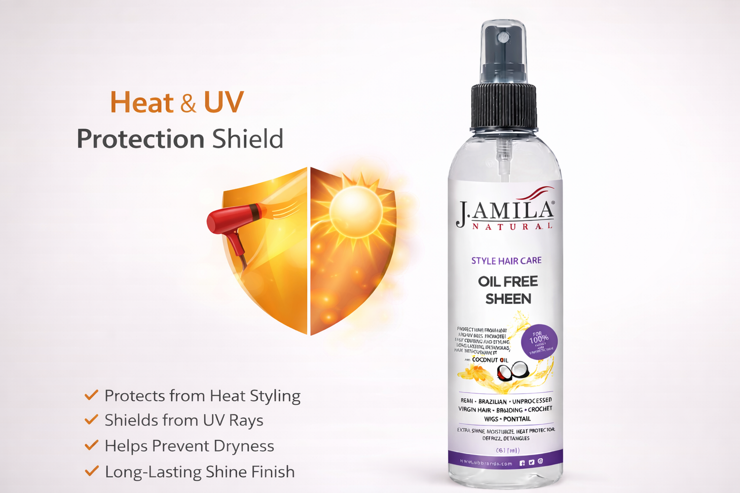 J. AMILA Natural Oil Free Sheen Spray with Vitamin E &amp; Coconut Oil – Lightweight Shine, Heat &amp; UV Protection for Wigs, Braids &amp; Natural Hair 8 oz 237 ml