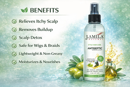 J. Amila Natural Antiseptic Spray with Olive Oil – Mentholated Scalp Relief, Itch Control &amp; Scalp Detox for Wigs, Braids &amp; Natural Hair (8 oz / 237 ml)
