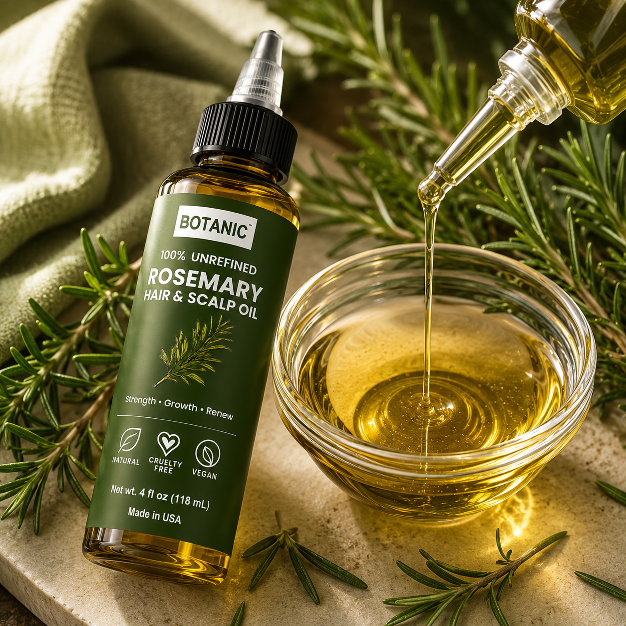 BOTANIC 100% Unrefined Rosemary Hair &amp; Scalp Oil – Hair Growth &amp; Scalp Nourishing Treatment – 4 fl oz (118 mL)
