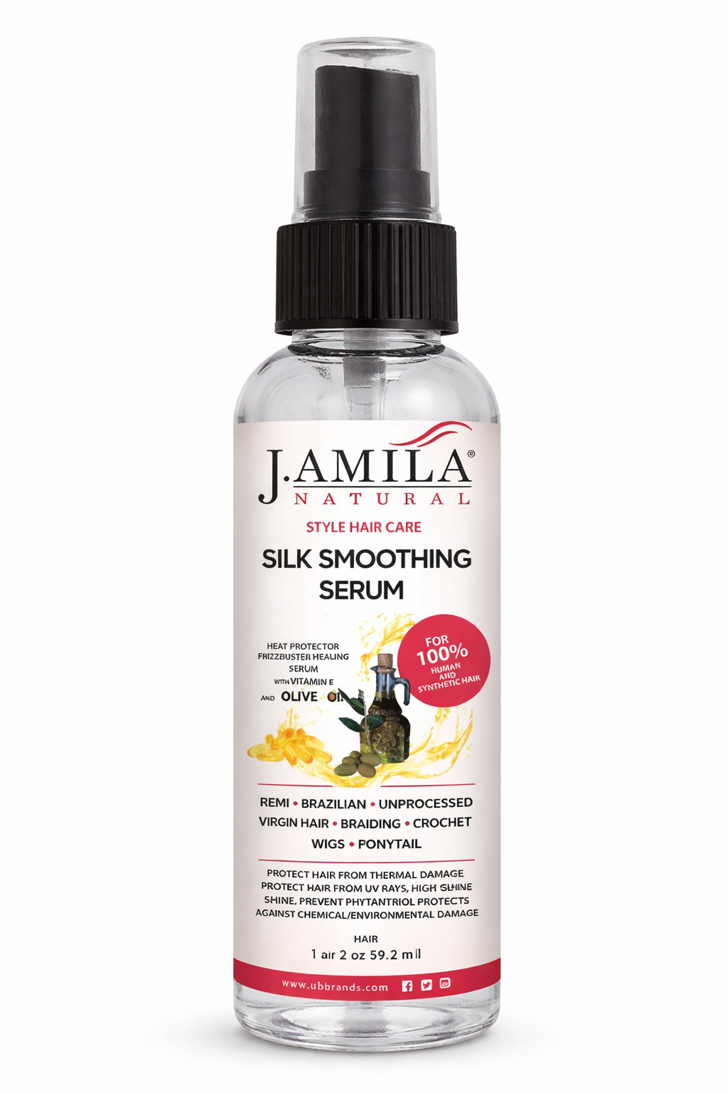J. Amila Natural Silk Smoothing Serum with Olive Oil – Heat Protectant, Frizz Control &amp; High Gloss Shine for Natural Hair, Wigs &amp; Extensions (2 oz / 59.2 ml)