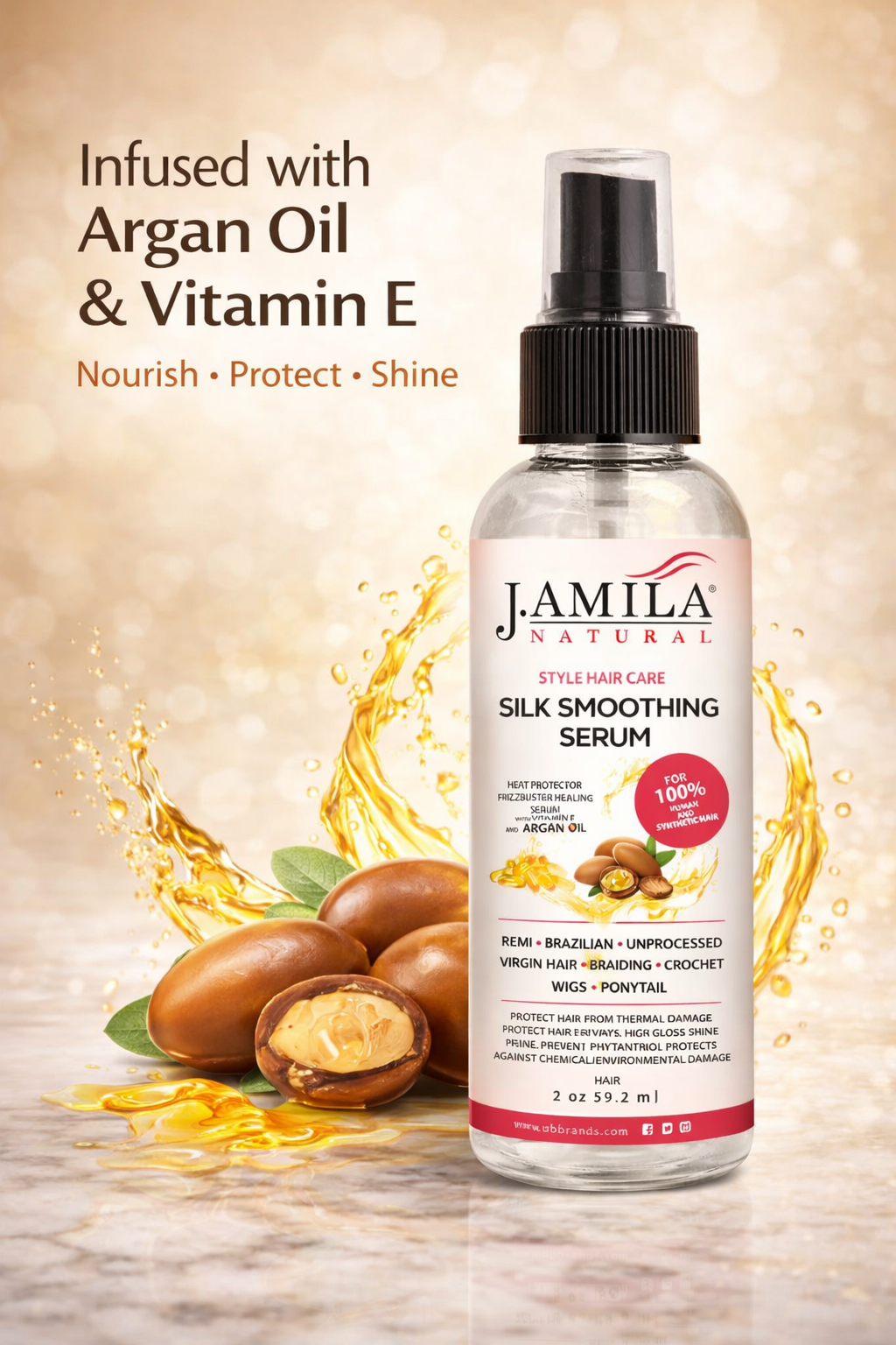 J. Amila Natural Silk Smoothing Serum with Argan Oil – Heat Protectant, Frizz Control &amp; High Gloss Shine for Natural Hair, Wigs &amp; Extensions (2 oz / 59.2 ml)