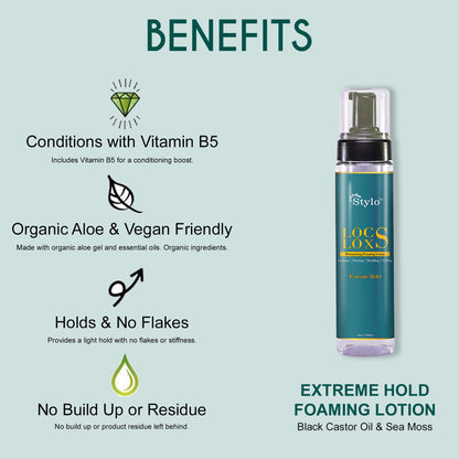 Stylo™ Locs Loxs Extreme Hold Foaming Lotion Locking, Twisting, Braiding &amp; Styling Mousse – Flake-Free Frizz Control 8oz / 240mL