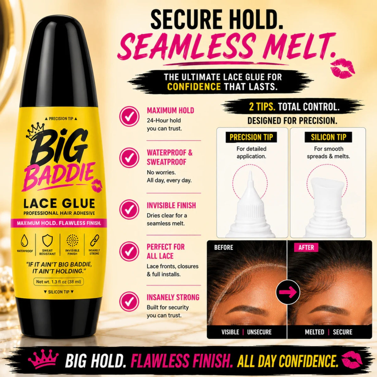 BIG BADDIE Lace Glue – Maximum Hold Waterproof Wig Adhesive with Precision &amp; Silicon Tip (1.3oz / 38mL)