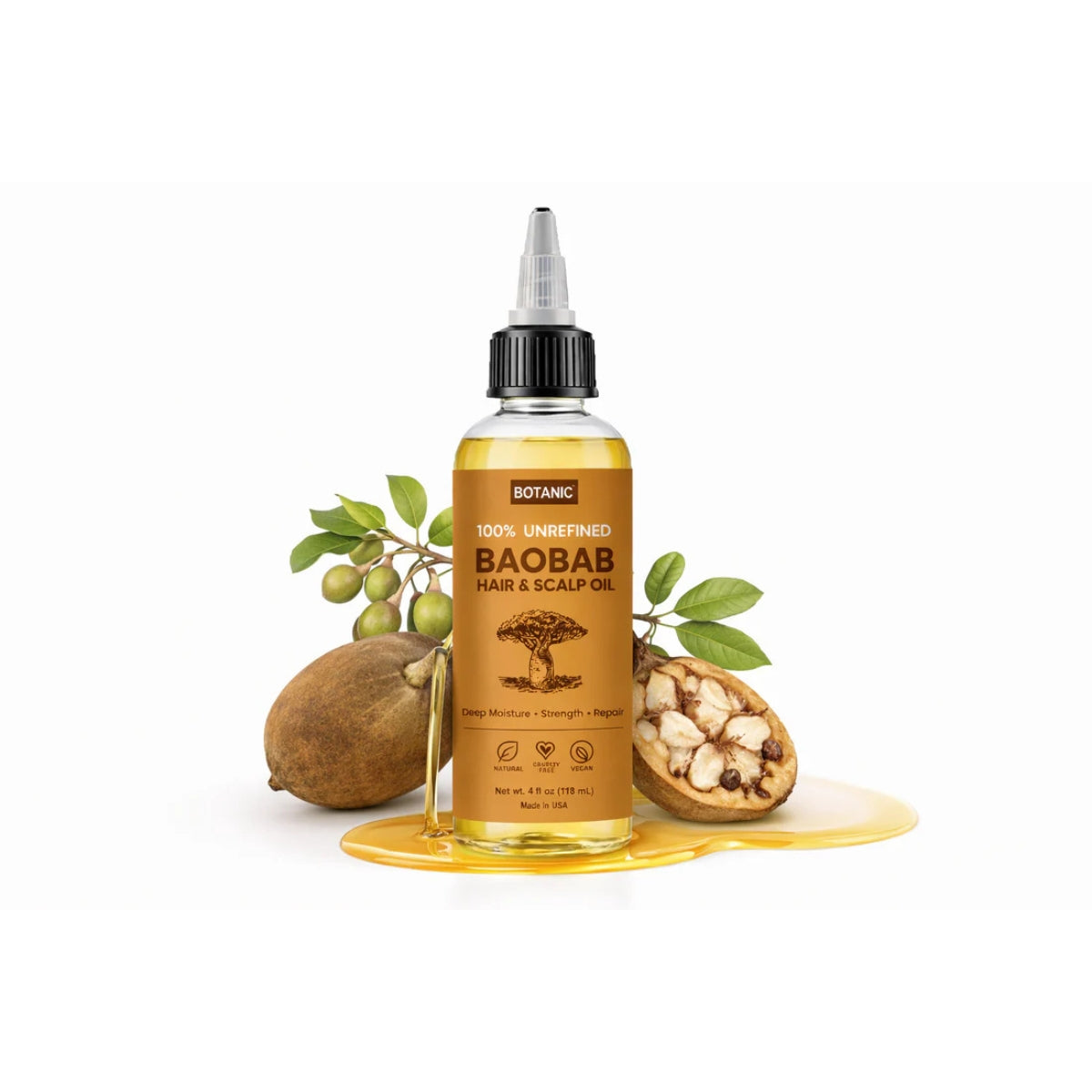 100% Unrefined Baobab Hair &amp; Scalp Oil – Deep Moisture, Strength &amp; Repair | Vegan, Cruelty-Free 4 fl oz (118 mL)