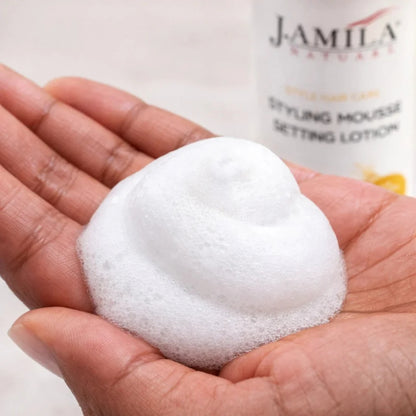 J. Amila Natural Styling Mousse Setting Lotion with Coconut Oil – Flexible Hold, Frizz Control &amp; Shine – For Wigs, Weaves &amp; Natural Hair (8oz)