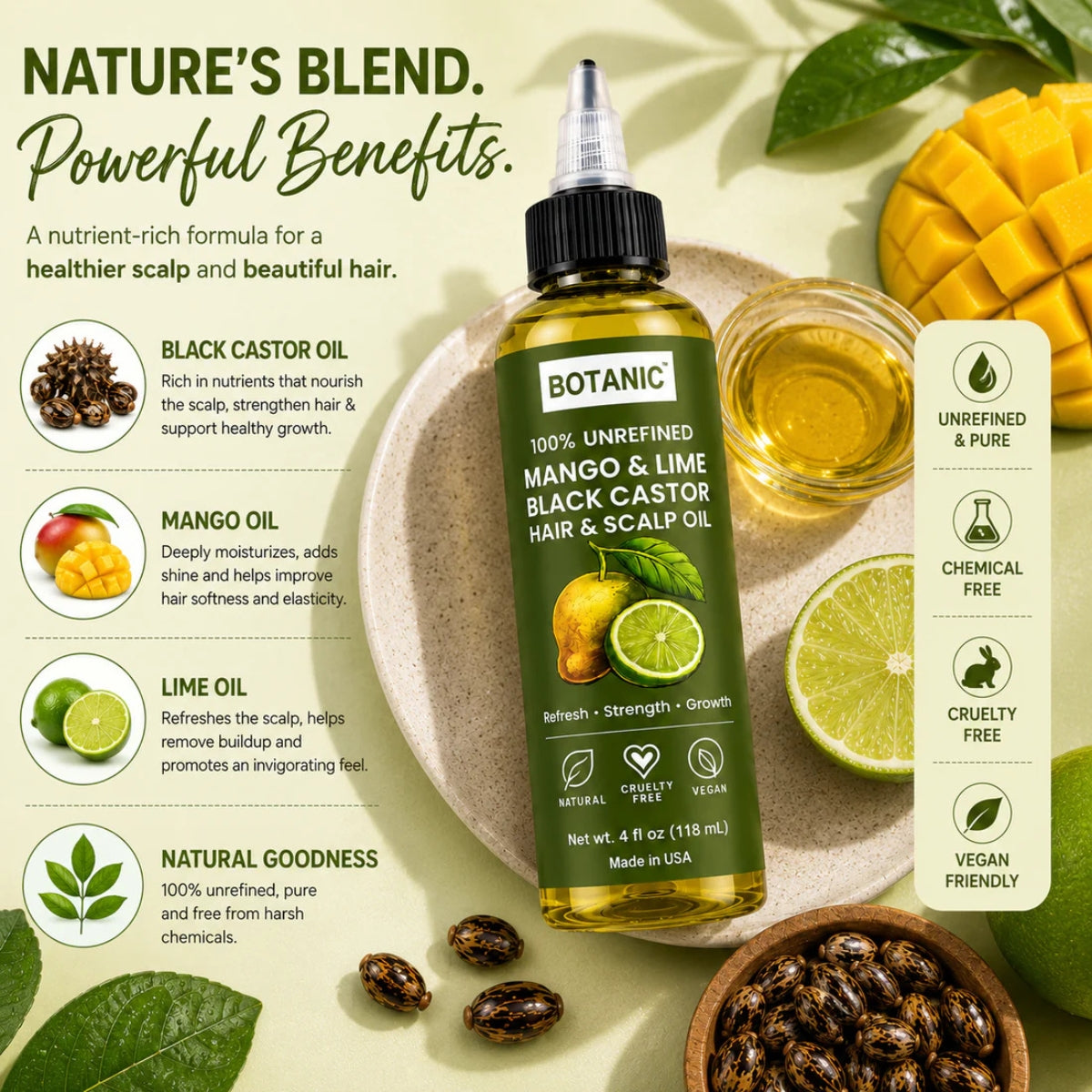 BOTANIC Mango &amp; Lime Black Castor Hair &amp; Scalp Oil – Refreshing Hair Growth Oil – 4 fl oz (118 mL)