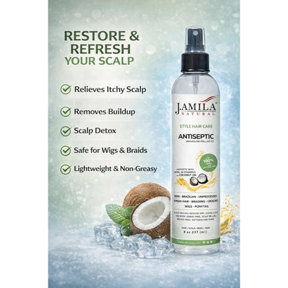 J. Amila Natural Antiseptic Spray with Coconut Oil – Mentholated Scalp Relief, Itch Control &amp; Scalp Detox for Wigs, Braids &amp; Natural Hair (8 oz / 237 ml)