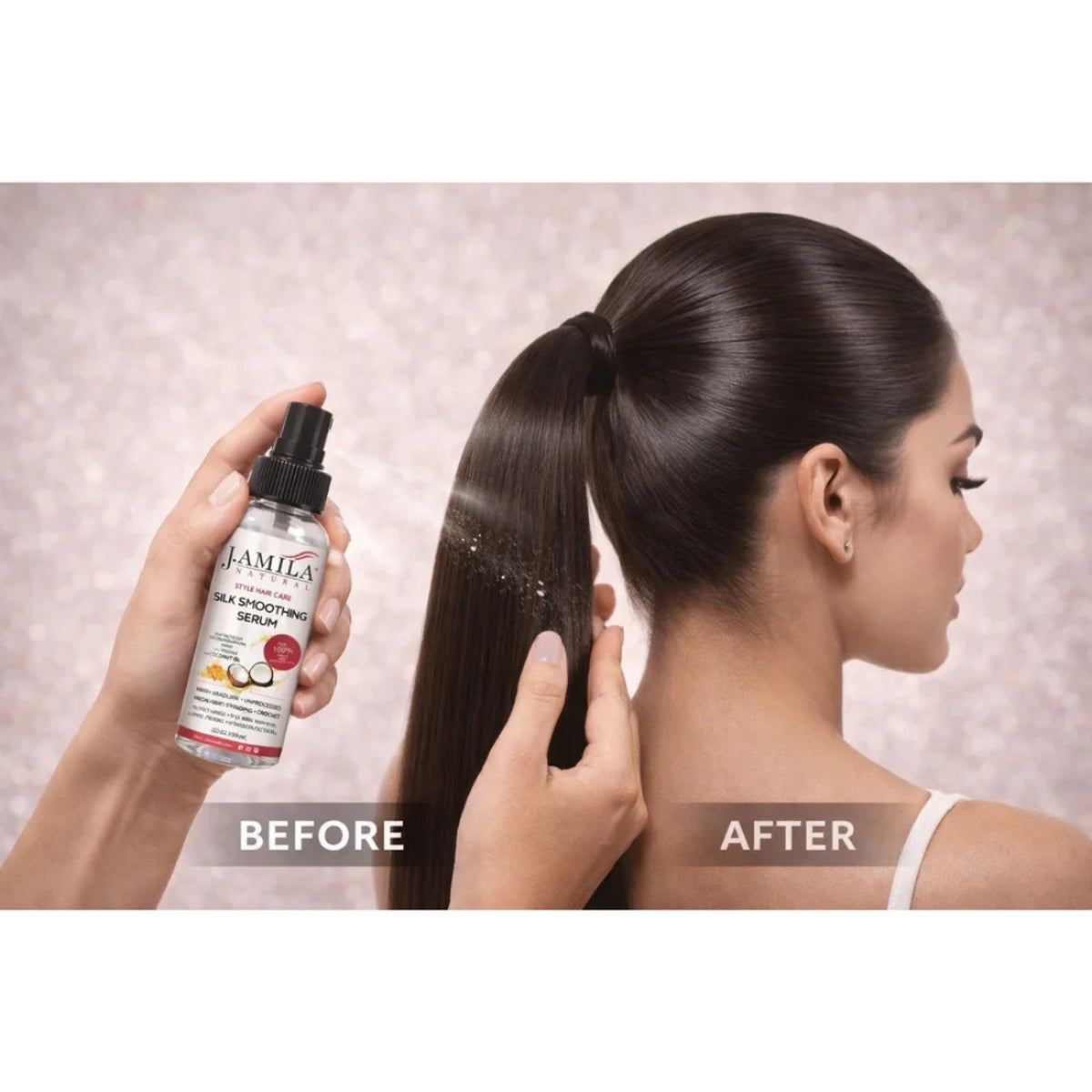J. Amila Natural Silk Smoothing Serum with cocnut Oil – Heat Protectant, Frizz Control &amp; High Gloss Shine for Natural Hair, Wigs &amp; Extensions (2 oz / 59.2 ml)