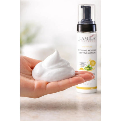 J. Amila Natural Styling Mousse Setting Lotion with Olive Oil – Flexible Hold, Frizz Control &amp; Shine – For Wigs, Weaves &amp; Natural Hair (8 oz / 237 ml)