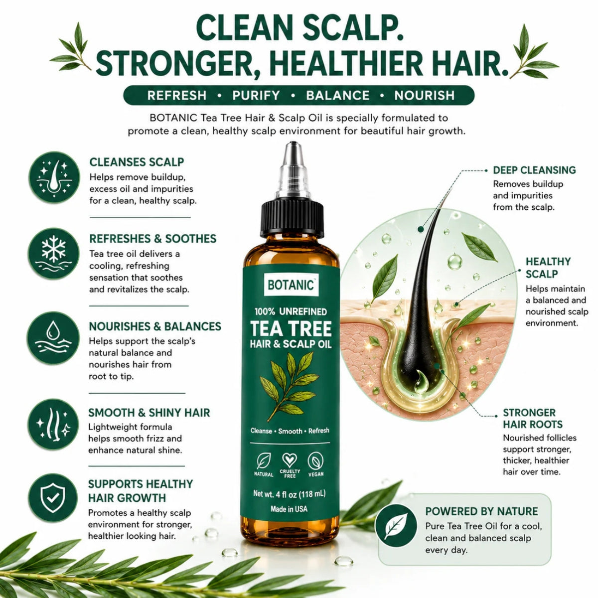 BOTANIC 100% Unrefined Tea Tree Hair &amp; Scalp Oil – Scalp Cleansing &amp; Refreshing Hair Treatment – 4 fl oz (118 mL)
