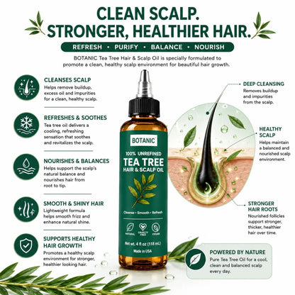 BOTANIC 100% Unrefined Tea Tree Hair &amp; Scalp Oil – Scalp Cleansing &amp; Refreshing Hair Treatment – 4 fl oz (118 mL)