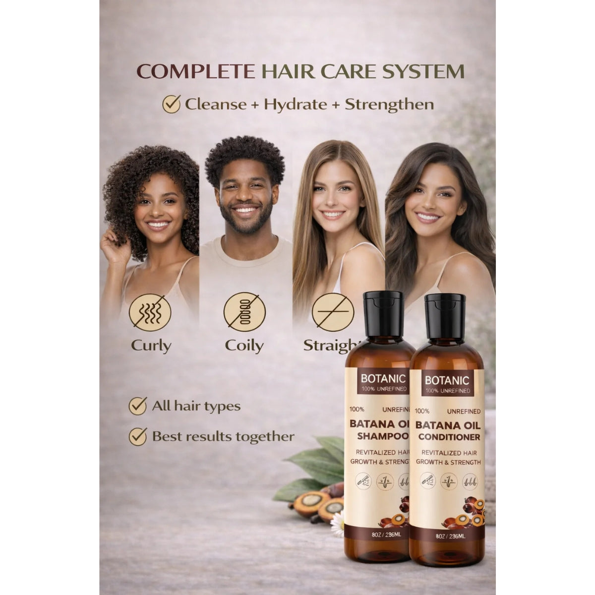 Botanic Hair Care 100% Unrefined Batana Oil Shampoo + Conditioner Bundle Complete Hair Care System 8oz
