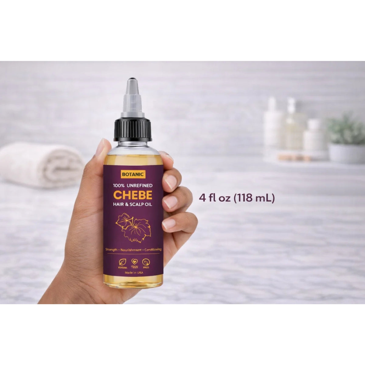 100% Unrefined Chebe Hair &amp; Scalp Oil – Strength, Nourishment &amp; Moisture Retention | Vegan, Cruelty-Free 4 fl oz (118 mL)