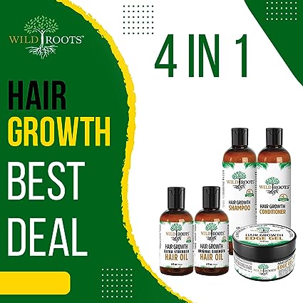 WILDROOTS bundle (5) - Shampoo 8Oz, Conditioner 8Oz, Extra Strength Hair Oil 4Oz, &amp; Original Strength Hair Oil 4Oz, and 4oz Edge Control