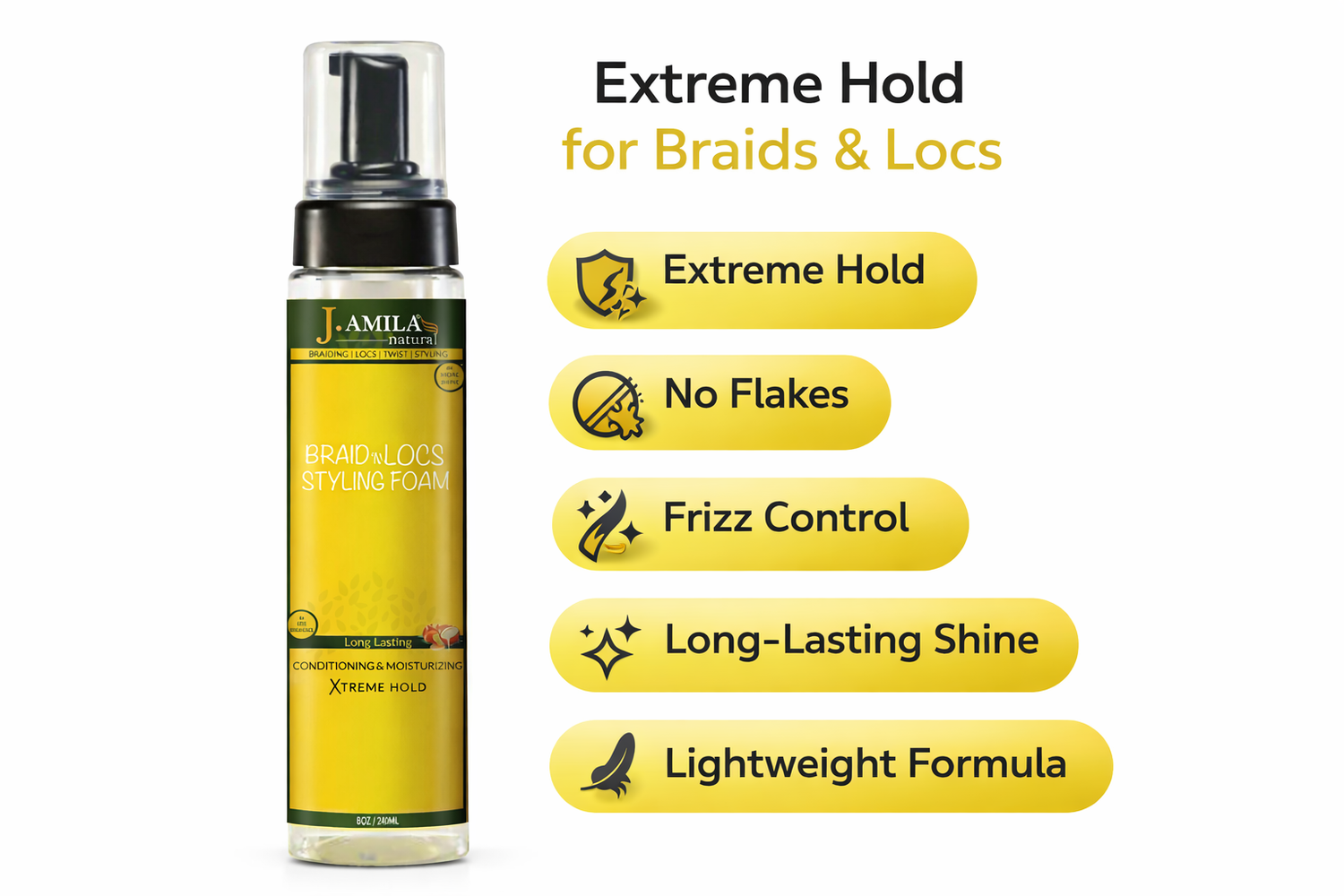 J. AMILA® Braid ’N Locs Styling Foam – Extreme Hold, Long-Lasting Shine (8oz)