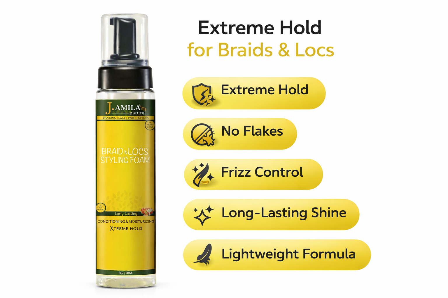 J. AMILA® Braid ’N Locs Styling Foam – Extreme Hold, Long-Lasting Shine (8oz)