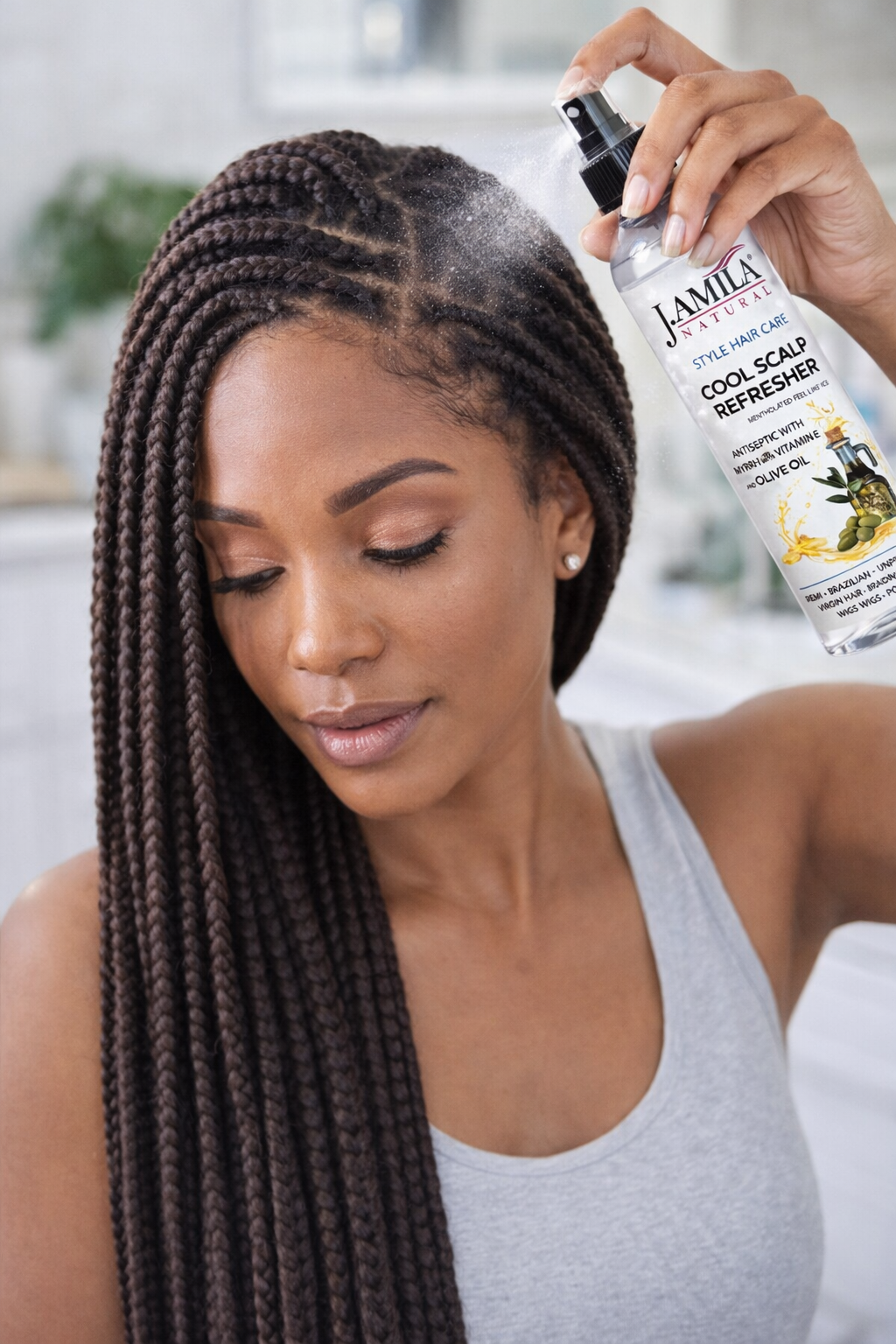 J. AMILA Natural Cool Scalp Refresher with Menthol, Myrrh, Vitamin E &amp; Olive Oil – Cooling Scalp Spray for Braids, Wigs, Natural &amp; Synthetic Hair (8 oz)