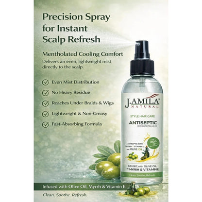 J. Amila Natural Antiseptic Spray with Olive Oil – Mentholated Scalp Relief, Itch Control &amp; Scalp Detox for Wigs, Braids &amp; Natural Hair (8 oz / 237 ml)