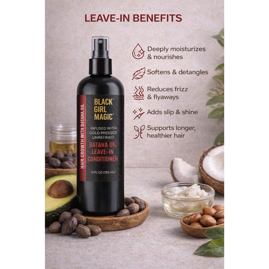 Black Girl Magic infused with gold press, unrefined Batana oil leave in conditioner 12 Oz