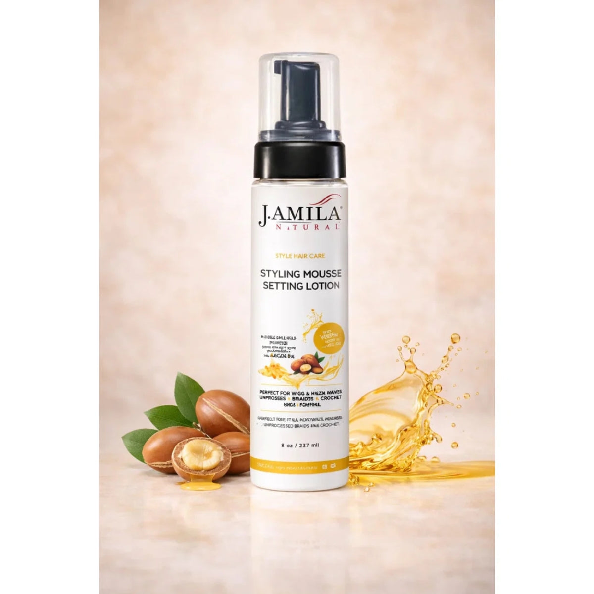 Amila Natural Styling Mousse Setting Lotion with Argan Oil – Flexible Hold, Frizz Control &amp; Shine – For Wigs, Weaves &amp; Natural Hair (8oz)