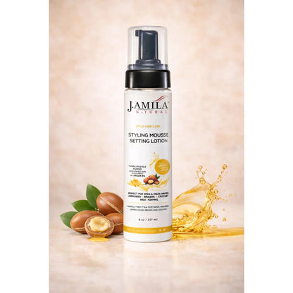 Amila Natural Styling Mousse Setting Lotion with Argan Oil – Flexible Hold, Frizz Control &amp; Shine – For Wigs, Weaves &amp; Natural Hair (8oz)