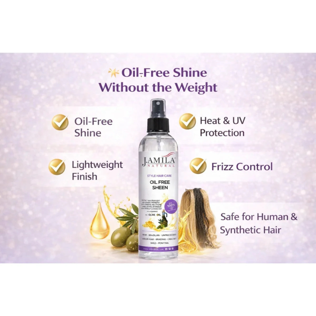 J. AMILA Natural Oil Free Sheen Spray with Vitamin E &amp; Olive Oil – Lightweight Shine, Heat &amp; UV Protection for Wigs, Braids &amp; Natural Hair 8 oz 237 ml