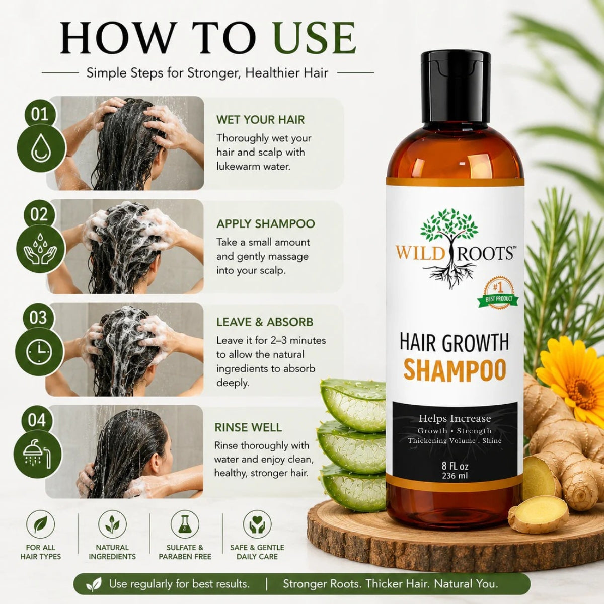 Wild Roots Hair Growth Shampoo – Strengthening &amp; Thickening Formula for Fuller, Healthier Hair (8oz)