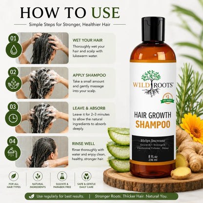 Wild Roots Hair Growth Shampoo – Strengthening &amp; Thickening Formula for Fuller, Healthier Hair (8oz)