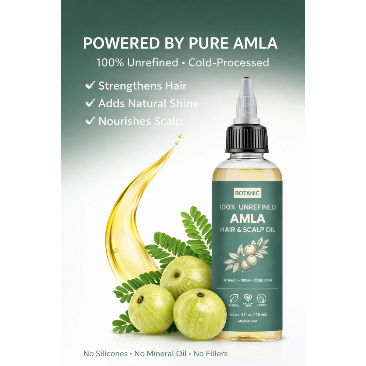 100% Unrefined Amla Hair &amp; Scalp Oil – Natural Growth, Shine &amp; Strength | Vegan, Cruelty-Free 4 fl oz (118 mL)