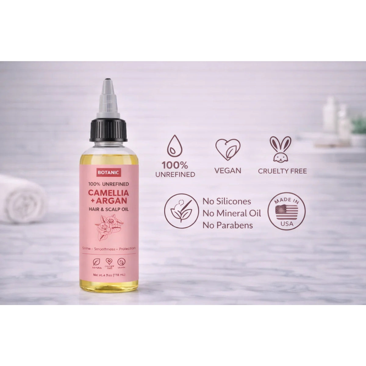 100% Unrefined Camellia + Argan Hair &amp; Scalp Oil – Shine, Smoothness &amp; Protection | Vegan, Cruelty-Free 4 fl oz (118 mL)