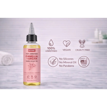 100% Unrefined Camellia + Argan Hair &amp; Scalp Oil – Shine, Smoothness &amp; Protection | Vegan, Cruelty-Free 4 fl oz (118 mL)