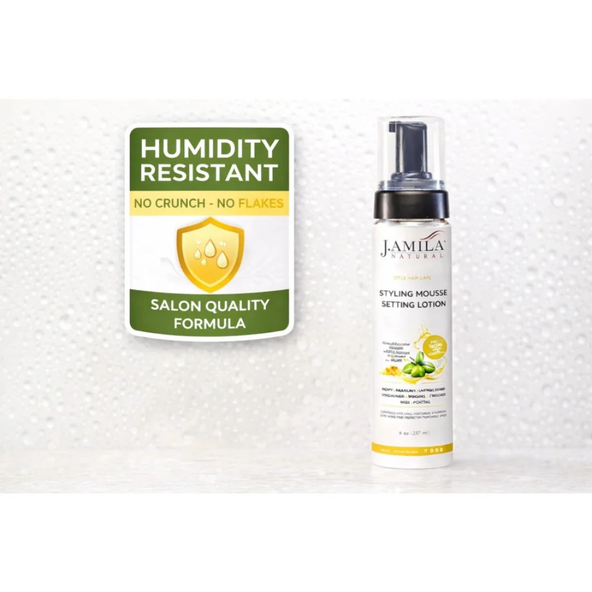 J. Amila Natural Styling Mousse Setting Lotion with Olive Oil – Flexible Hold, Frizz Control &amp; Shine – For Wigs, Weaves &amp; Natural Hair (8 oz / 237 ml)