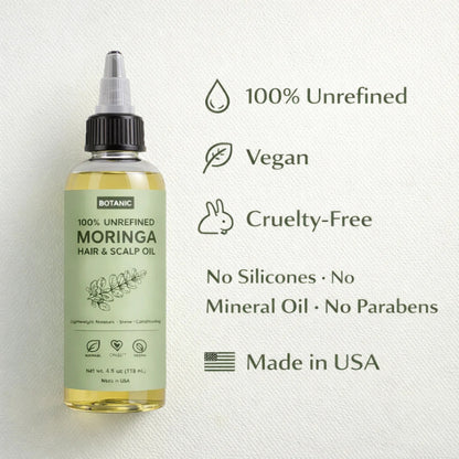100% Unrefined Moringa Hair &amp; Scalp Oil Lightweight Moisture, Shine &amp; Conditioning | Vegan, Cruelty-Free 4 fl oz (118 mL)