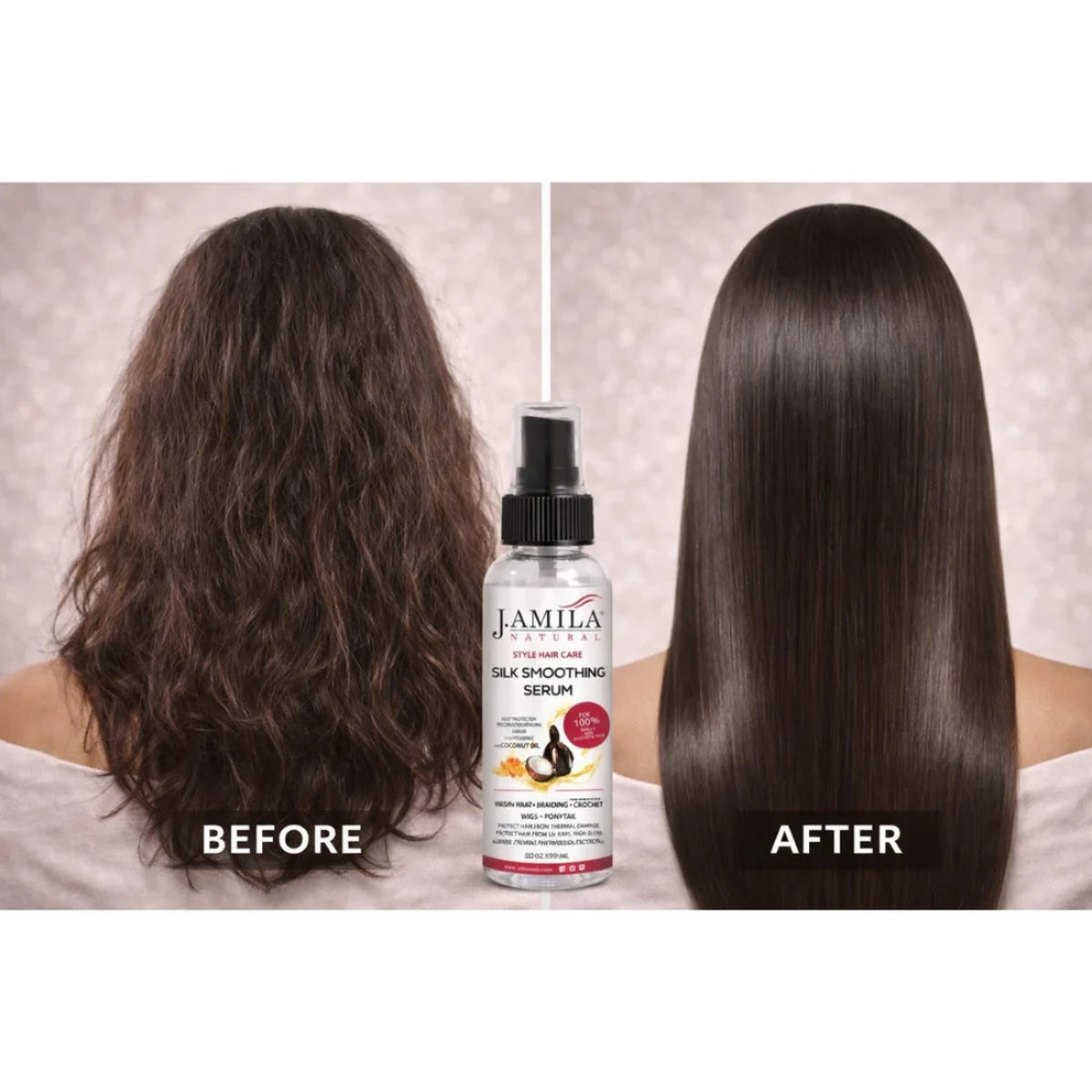 J. Amila Natural Silk Smoothing Serum with cocnut Oil – Heat Protectant, Frizz Control &amp; High Gloss Shine for Natural Hair, Wigs &amp; Extensions (2 oz / 59.2 ml)