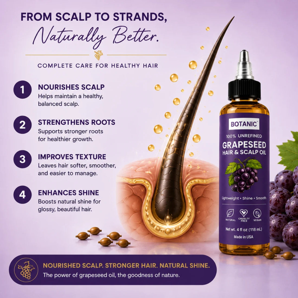 BOTANIC 100% Unrefined Grapeseed Hair &amp; Scalp Oil – Lightweight Shine &amp; Smooth Hair Oil – 4 fl oz (118 mL)