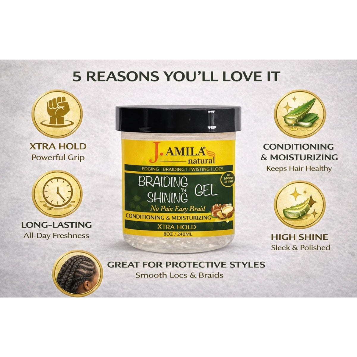 Jamila Natural Award-Winning Braiding ’N Shining Gel – Xtra Hold (8oz / 240ml)