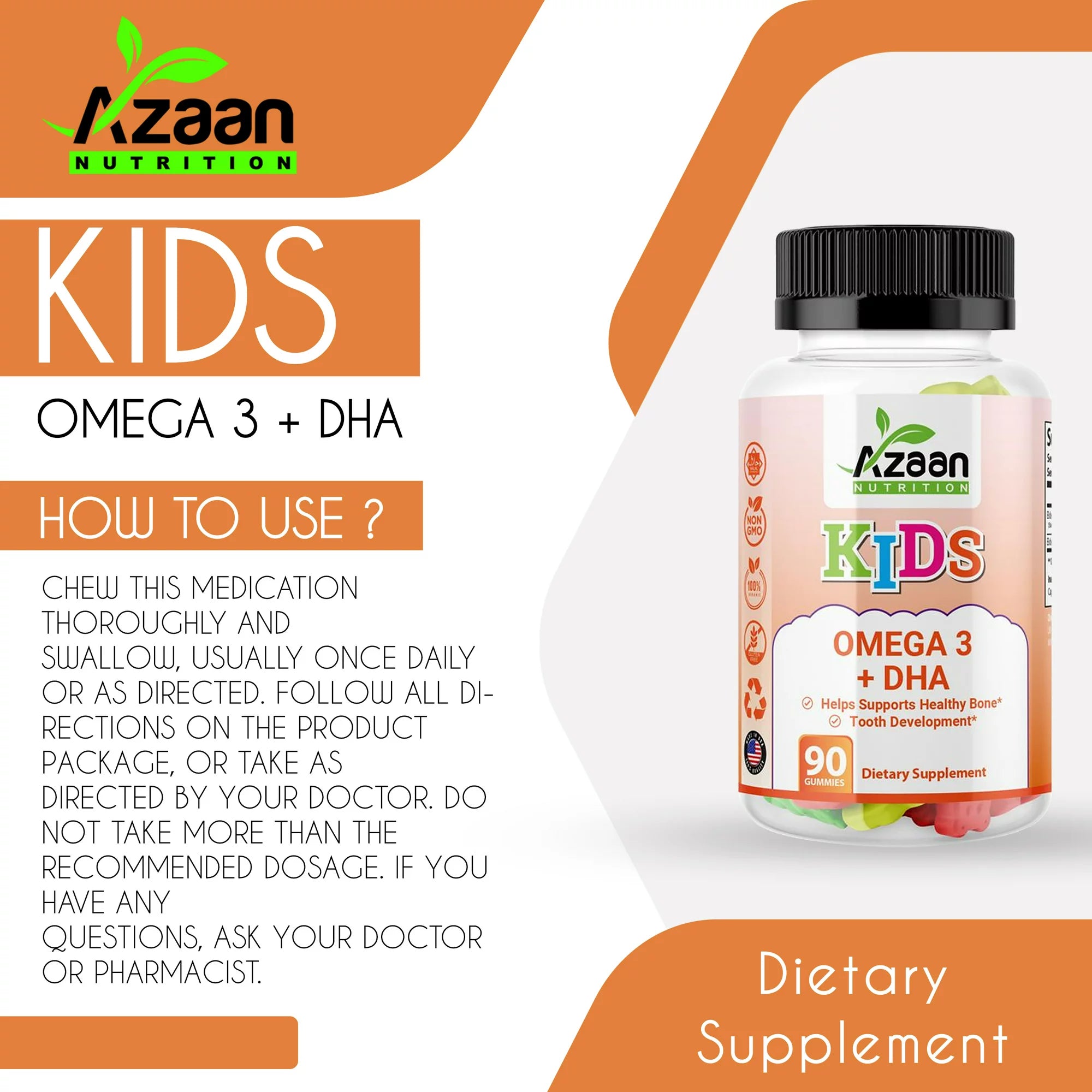 Azaan Kids Halal Vegan Omega 3 + DHA Gummies Support Brain, Heart, Immune Health - Delicious &amp; Nutritious!
