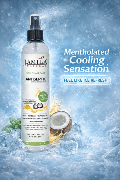 J. Amila Natural Antiseptic Spray with Coconut Oil – Mentholated Scalp Relief, Itch Control &amp; Scalp Detox for Wigs, Braids &amp; Natural Hair (8 oz / 237 ml)