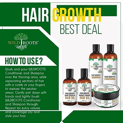 WILDROOTS bundle (5) - Shampoo 8Oz, Conditioner 8Oz, Extra Strength Hair Oil 4Oz, &amp; Original Strength Hair Oil 4Oz, and 4oz Edge Control